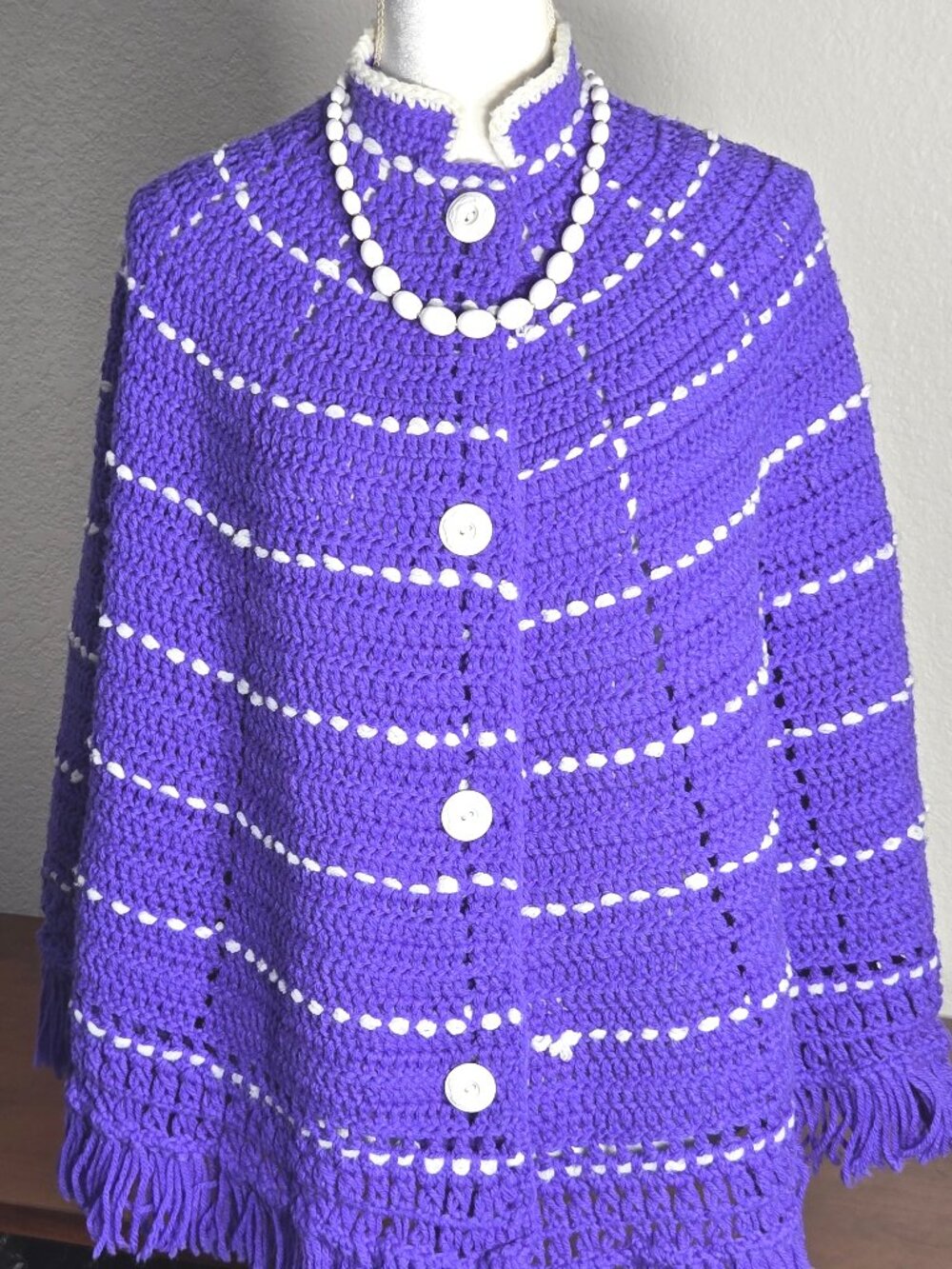 Vintage Style Purple Crochet Poncho Cape, Handmade Winter Shawl with Fringe, New